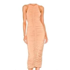 House of Harlow Ruched Draped Body Con Midi Dress in Nude Size Small